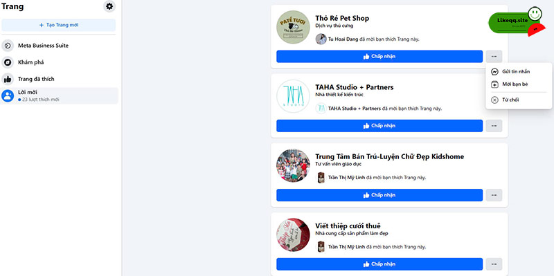 Hủy lời mời fanpage trên máy tính