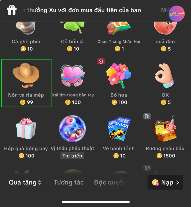 Tặng mũ trên tiktok bao nhiêu tiền